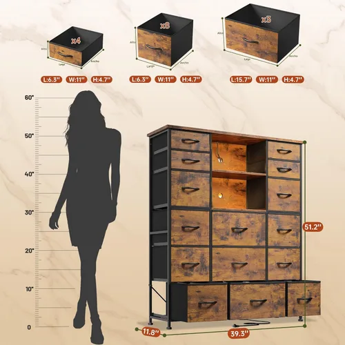 Vista 3 de EnHomee Cómoda de 51" de altura con 15 cajones, cómoda para dormitorio con estación de carga y luces LED y estante superior, cómodas de dormitorio