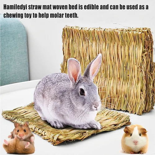 Vista 8 de Hamiledyi Paquete de 18 alfombrillas tejidas con hierba de conejo, paja natural, esteras de heno hechas a mano, ropa de cama para dormir, molienda