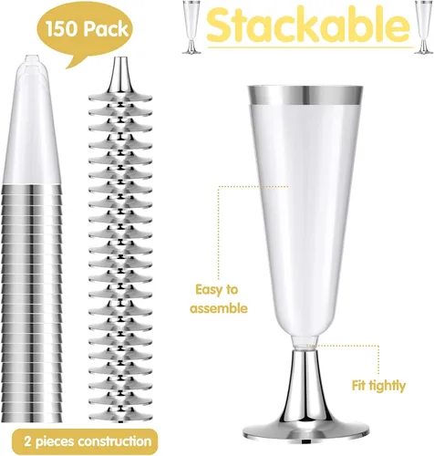 Vista 3 de Paquete de 150 copas de champán de plástico de 5 onzas, elegantes copas de champán desechables de plástico, copas de mimosa para bodas