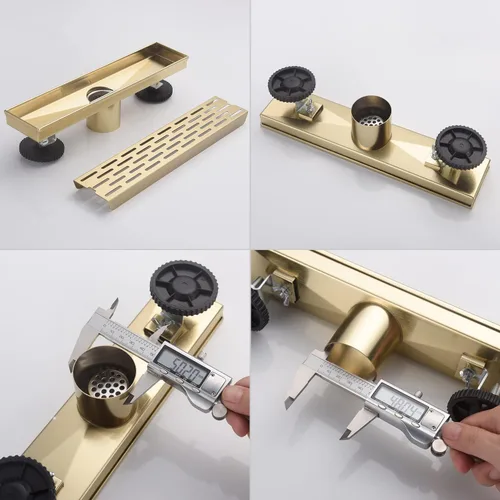 Vista 7 de Desagüe lineal de ducha de 12 pulgadas, color oro cepillado, cubierta rectangular de drenaje de ducha, recolector de pelo, acabado de latón de acero