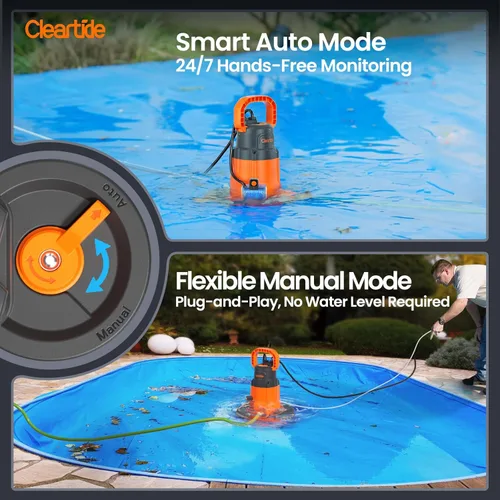 Vista 4 de Cleartide Bomba automática inteligente para cubierta de piscina, 1/3 HP 2790 GPH con encendido/apagado automático y protección contra congelación