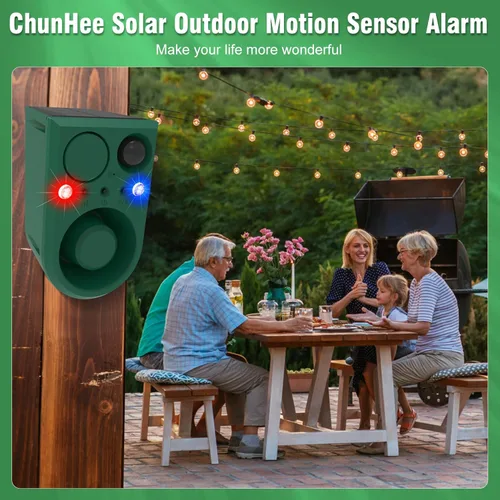 Vista 2 de ChunHee Alarma solar con sensor de movimiento para exteriores con sonido de alarma de ladridos de perro, grabación de soporte y volumen ajustable