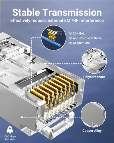 Vista 2 de VCE Conectores RJ45 Cat6 Blindados de Paso Paquete de 25, Conector Final RJ45 8P8C Cat 6/Cat 5e de 3 Puntas Enchufe Modular Ethernet Chapado en Oro