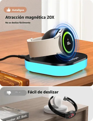 Vista 9 de Soporte de Carga para Cargador de Samsung Galaxy Watch, Base de Carga Magnética Modo Mesita de Noche con Luz y Cable USB para Watch 8/8