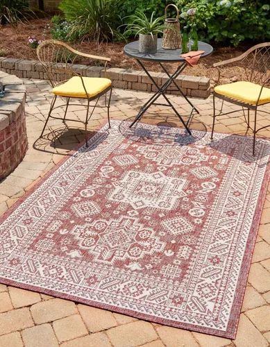 Vista 68 de Unique Loom Outdoor Aztec Collection Alfombra de área - Chalca (10 pies, redonda, azul/marfil)