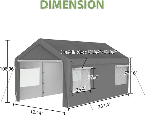 Vista 6 de Carport, toldo resistente de 10 x 20 pies con paredes laterales y puertas extraíbles, garaje portátil con ventanas enrollables ventiladas refugio