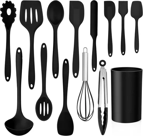 LIANYU Juego de 14 utensilios de cocina de silicona con soporte, 446 °F resistentes al calor, juego de espátulas de cocina de silicona,