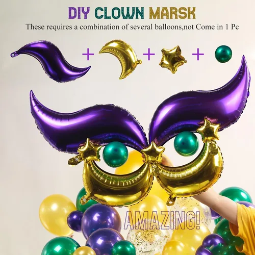 Vista 4 de Kozee Kit de arco de guirnalda de globos de Mardi 130 piezas de doble relleno de oro verde esmeralda morado con corona de Mylar y globos de máscara