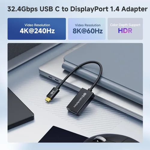 Vista 2 de Cable Matters Adaptador unidireccional USB C a DisplayPort 1.4 de 32.4 Gbps, 4K a 240 Hz, 8K a 60 Hz y soporte HDR, Thunderbolt 4 / USB4 compatible
