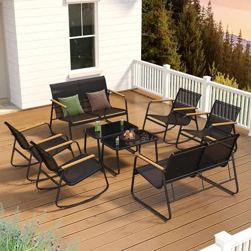 Vista 13 de Ahomly - Juego de 4 piezas de muebles de patio, juego de conversación para exteriores de Textilene con 2 sillas mecedoras y mesa de café con tapa