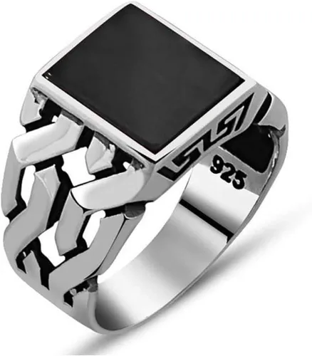 Chimoda Sterling Silver Rings for Men with Black Onyx Stone, Handmade Mens Jewelry Ring, Cuban link Chain Motif Men's Rings, Rings Silver