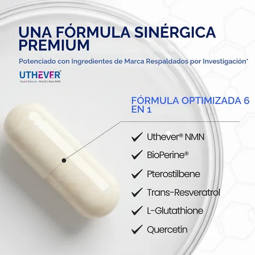 Vista 4 de BONE SCIENCE Uthever NMN 6 en 1 con pterostilbeno, 60 cápsulas vegetarianas El resveratrol, el glutatión y el complemento BioPerine estabilizaron