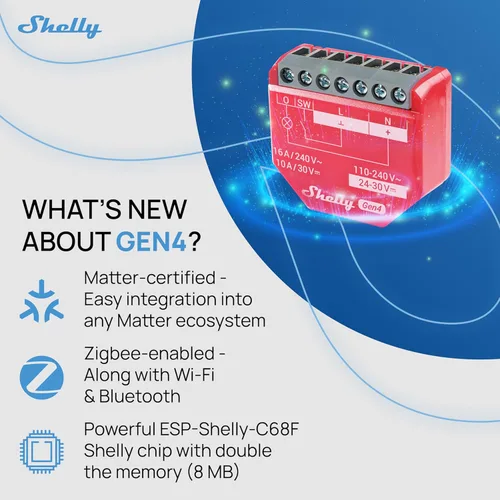 Vista 3 de Shelly 1PM Gen4 Interruptor de relé inteligente Wi-Fi, Zigbee, Matter con medición de potencia, 1 canal 16A Automatización del hogar