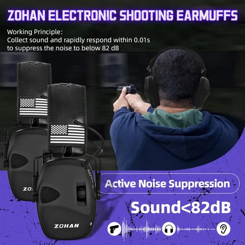 Vista 4 de ZOHAN Electronic Shooting Earmuffs, Hearing Protection Shooters, NRR 23dB Noise Reduction Gun Range Ear Protection Headphones Con parches-negro