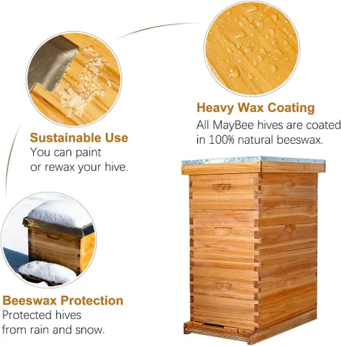 Vista 3 de MayBee Colmena Langstroth de 8 marcos sumergida en cera de abejas 100%, colmena de abejas para principiantes, colmena de abeja de miel incluye 2