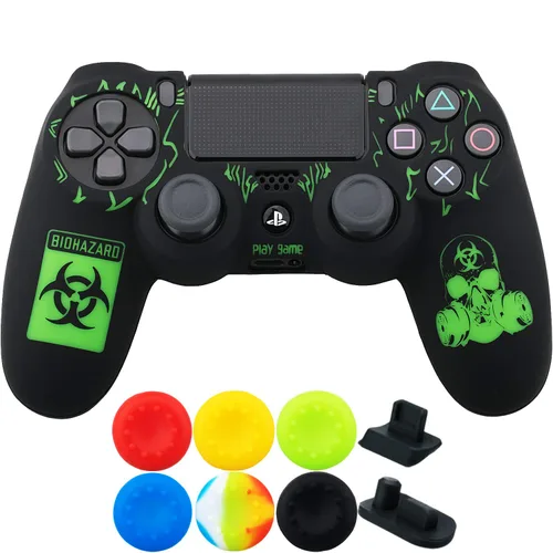 9CDeer 1 Piece of Silicone Laser Carving Protective Cover Skin + 6 Thumb Grips & Dust Proof Plugs for PS4SlimPro Controller Bio Hazard
