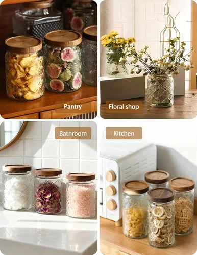 Vista 7 de Tarros de vidrio vintage con tapas de madera, recipiente hermético de almacenamiento de 34 onzas para cocina, despensa, baño, recipientes