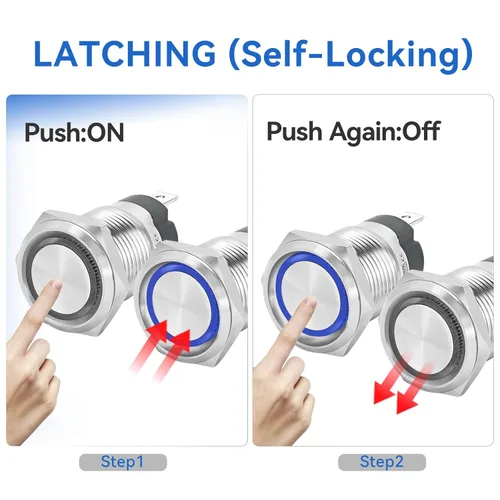 Vista 6 de Interruptor de botón de enclavamiento ZJWZJH de 15 amperios, 16 mm, resistente al agua IP67, 12 V CC, 24 V de encendido y apagado, SPST, luz LED Azul