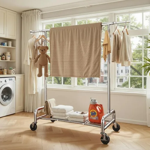 Vista 2 de Raybee Perchero resistente de 75 pulgadas extra ancho, 450 libras con 4 ganchos, ruedas bloqueables, perchero de metal para dormitorio, lavandería