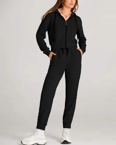 Vista 7 de Amkoyam Conjunto de dos piezas para mujer, de manga larga, con cremallera, sudadera con capucha y pantalones largos