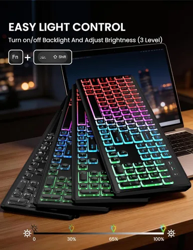 Vista 2 de Combo de teclado y mouse inalámbricos con retroiluminación RGB, recargable y letras iluminadas, tamaño completo, tecleo suave, modo de reposo