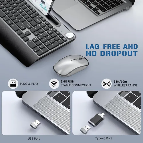 Vista 5 de JOYACCESS Teclado y mouse inalámbricos, teclado inalámbrico ergonómico con reposamuñecas y soporte para teléfono, mouse de computadora silencioso