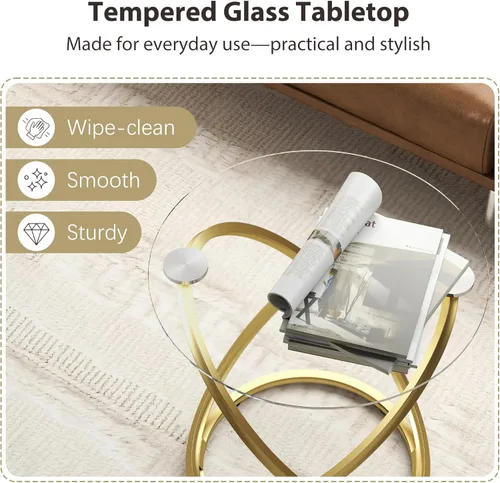 Vista 5 de Mesa de centro de cristal, mesa de centro redonda con marco de metal dorado, mesa de centro minimalista moderna para decoración, mesas de centro