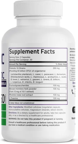 Vista 2 de Bronson Brain + Mood Probiotic 50 Billion CFU Plus Prebiotic with L-Theanine, Bacopa and Rhodiola Non-GMO, 60 Vegetarian Capsules