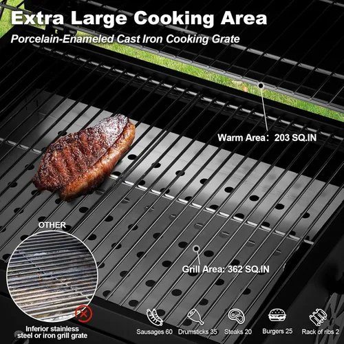 Vista 4 de MELLCOM Parrilla de carbón con mesa auxiliar plegable de madera, 338 pies cuadrados. Área de barbacoa con bandejas de carbón de elevación