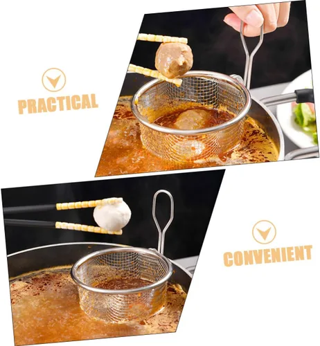 Vista 3 de Colador de pasta de acero inoxidable con mango de malla fina y herramienta de cocina para cocinar y drenar, diseño compacto para un fácil