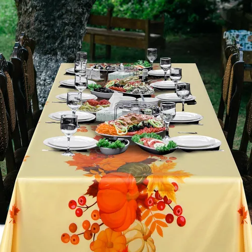 Vista 4 de Oudain 12 Pcs Thanksgiving Disposable Tablecloth Fall Maple Pumpkin Plastic Table Cover 54'' x 108'' Orange Rectangle Autumn Table Cloth for Fall