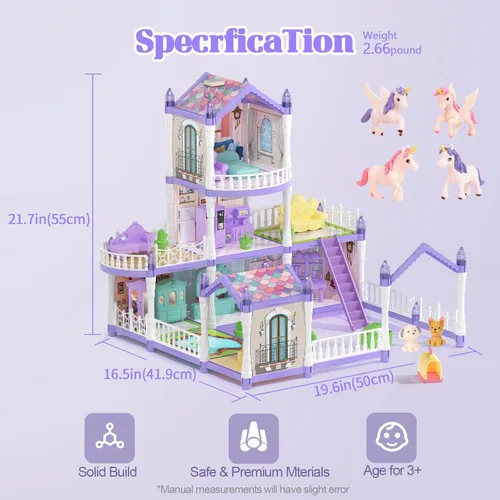 Vista 3 de Juego de casa de muñecas púrpura con 2 muñecas, casa de muñecas de ensueño con 9 habitaciones, 3 pisos, 2 mascotas, muebles de 12 piezas
