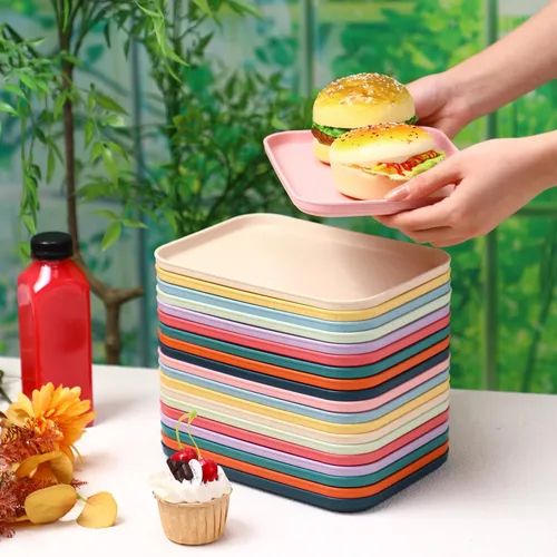 Vista 4 de Dandat Paquete de 20 bandejas pequeñas de plástico de comida rápida a granel de 9.8 x 6.7 pulgadas, bandejas rectangulares coloridas para cafetería