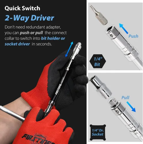 Vista 4 de FIRSTINFO H5195B - Llave giratoria ajustable de 2 vías con mango en T de 1/4 pulgadas, con adaptador de dado extra de 1/4" (F) x 3/8" (M) Llave