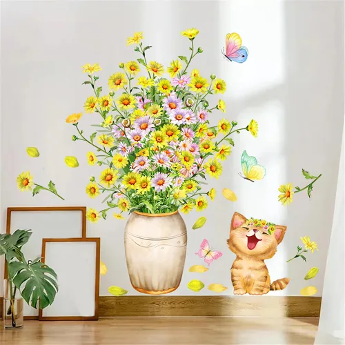 Calcomanías de pared de gatito de margaritas amarillas, calcomanías de pared de dibujos animados de sacinora con diseño de gato y flores, vinilo