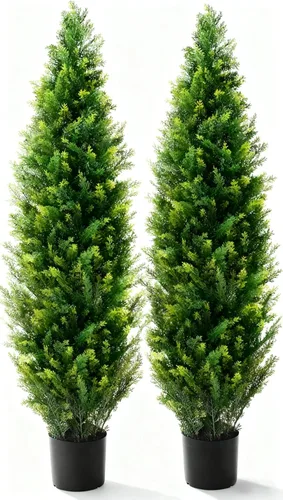 Vista 8 de Dos plantas artificiales rosas de 4 pies, árboles artificiales para interiores y exteriores, arbustos artificiales antirrayos ultravioleta, cedro