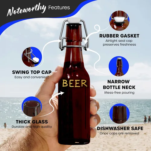 Vista 2 de Nevlers 8.5 Oz Botellas de vidrio ámbar para cerveza de 12 unidades Botellas de vidrio con tapa abatible con tapas herméticas Juego de botellas