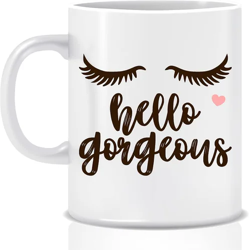 Taza de café Hello Gorgeous – Taza de cerámica divertida de 11 oz para mujer | Diseño de pestañas de doble cara – Taza de té divertida