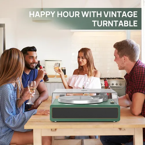 Vista 7 de Tocadiscos con altavoces incorporados, reproductor de discos de vinilo con soporte para reproducción Bluetooth, parada automática, velocidad de 33
