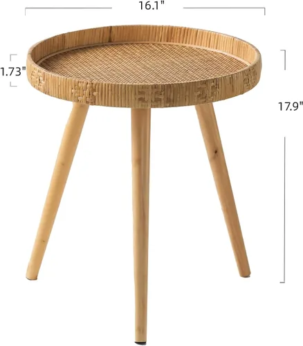 Vista 3 de Mesa auxiliar redonda, mesa auxiliar circular bohemia con patas de madera maciza, mesas auxiliares de ratán, sala de estar para espacios pequeños