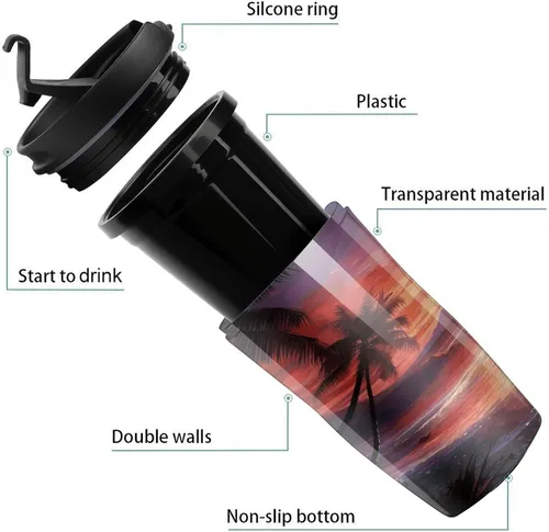 Vista 3 de Colorful Tropical Sunset Coffee Cup Hot Coffee Travel Mug Reusable Iced Coffee Cups Double Heat Insulation Coffee Mug with Leak-Proof Lid Stylish