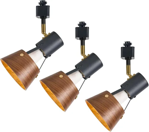 TeHenoo Iluminación de Riel Moderna Tipo H, Cabezales de Riel Ajustables, Acabado Negro Mate y Pantalla de Madera Natural Focos, Casquillo E26, Kit