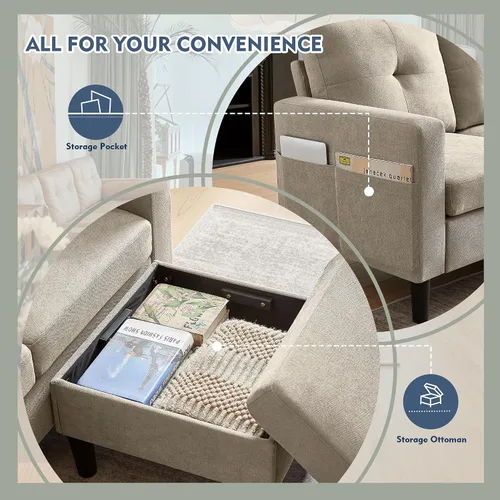 Vista 6 de Sofá modular convertible de 79 pulgadas, sofá pequeño en forma de L de 3 asientos con diván de almacenamiento y bolsillo lateral, sofá reversible