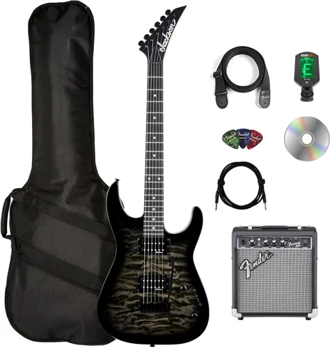 Jackson JS Series Dinky JS11Q - Guitarra eléctrica, paquete negro transparente con amplificador Frontman 10G, estuche, afinador, correa, cable, púas
