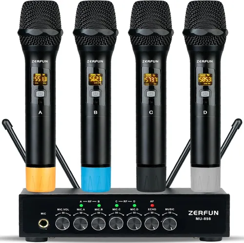 Vista 10 de Sistema de micrófono inalámbrico profesional de 4 canales, auriculares de mano inalámbricos de metal UHF, micrófonos de solapa para cantar karaoke