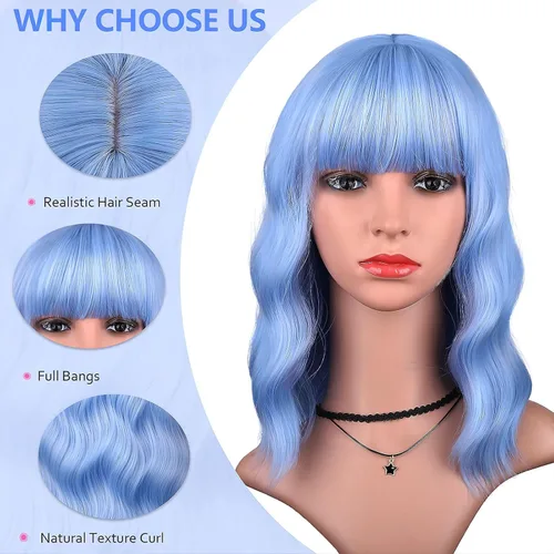 Vista 3 de Peluca azul claro con flequillo para mujer, peluca corta ondulada y rizada estilo Bob, pelucas de color azul pastel de 14 pulgadas de longitud al