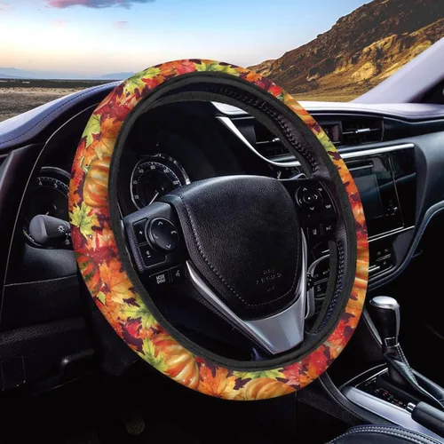 Vista 9 de HUGS IDEA Funda para volante de automóvil, diseño de hojas de otoño, ajuste universal, de neopreno, antideslizante, de 14 a 15 pulgadas, accesorios