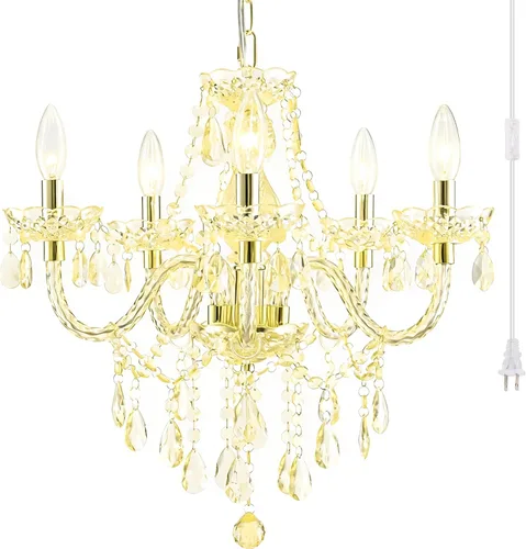 Vista 13 de Candelabro de Cristal Negro Moderno de 5 Luces Lámpara Colgante de Acrílico con Cable Enchufable e Interruptor, 19x19.7 Pulgadas para Isla de Cocina