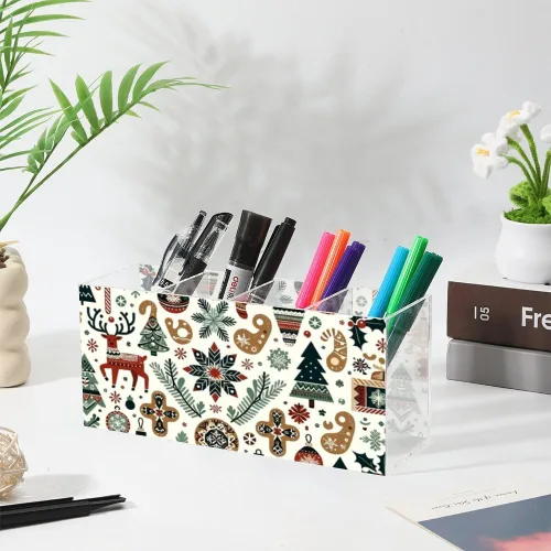 Vista 3 de Cute Christmas Deer Acrylic Brush Holder For Vanity With 4 Compartments Desk Top Pen Organizer Pen Storage Organizer Clear Desk Accessories Make Up