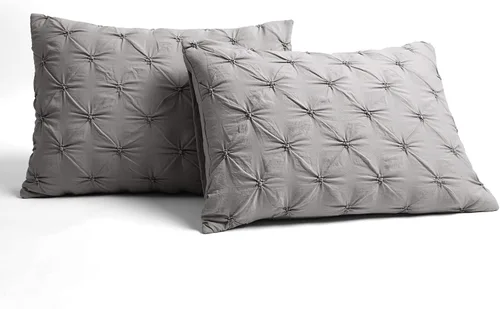 Vista 5 de Lush Décor Ravello - Juego de edredón con pliegues finos, 5 piezas, con fundas de almohada, estilo casa de campo vintage chic, tamaño Gris